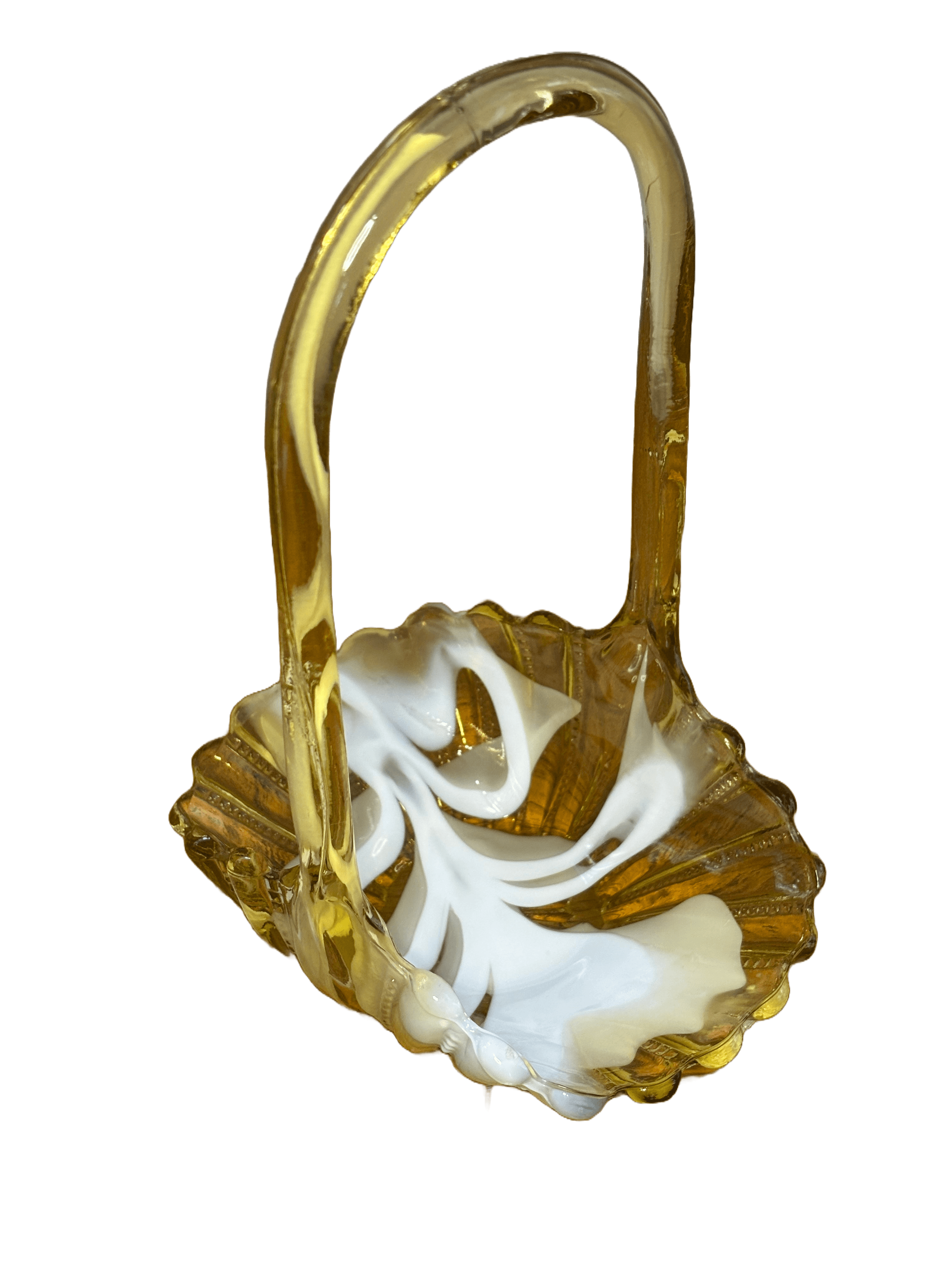 Fenton Style Amber and White Art Glass Basket with Applied Handle